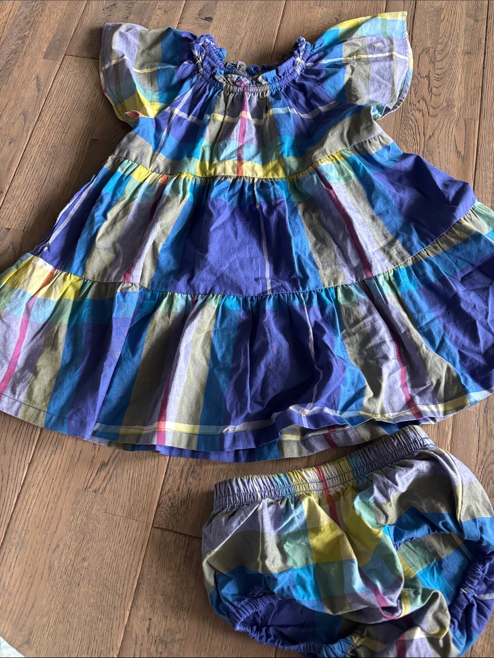 Tea Collection Blue Multicolor Plaid Tiered Dress with Bloomers